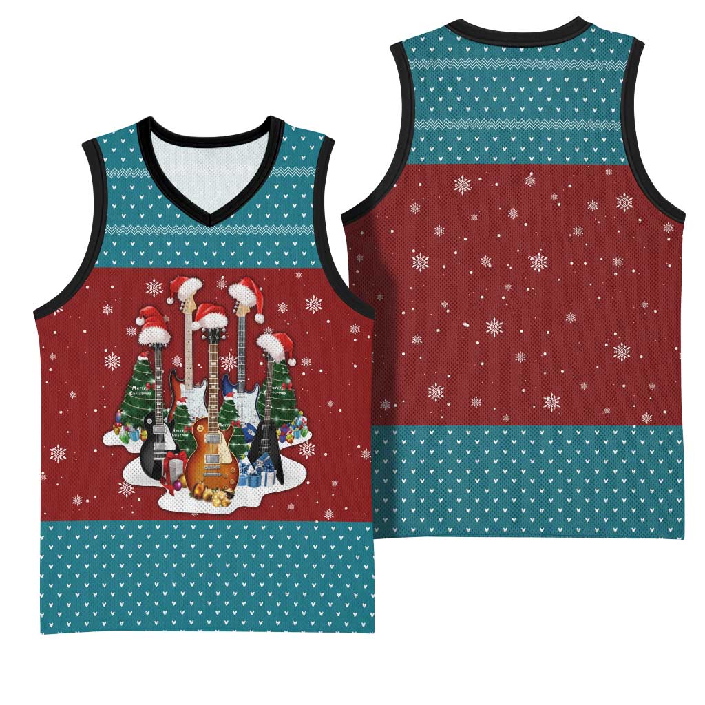 Christmas Guitar Basketball Jersey with Santa Hats Trees Snowflakes and Musical Pattern - Wonder Print Shop
