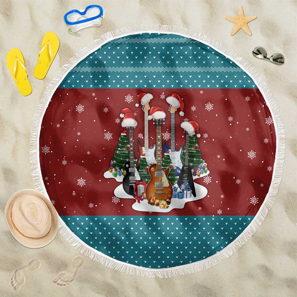 Christmas Guitar Beach Blanket with Santa Hats Trees Snowflakes and Musical Pattern - Wonder Print Shop