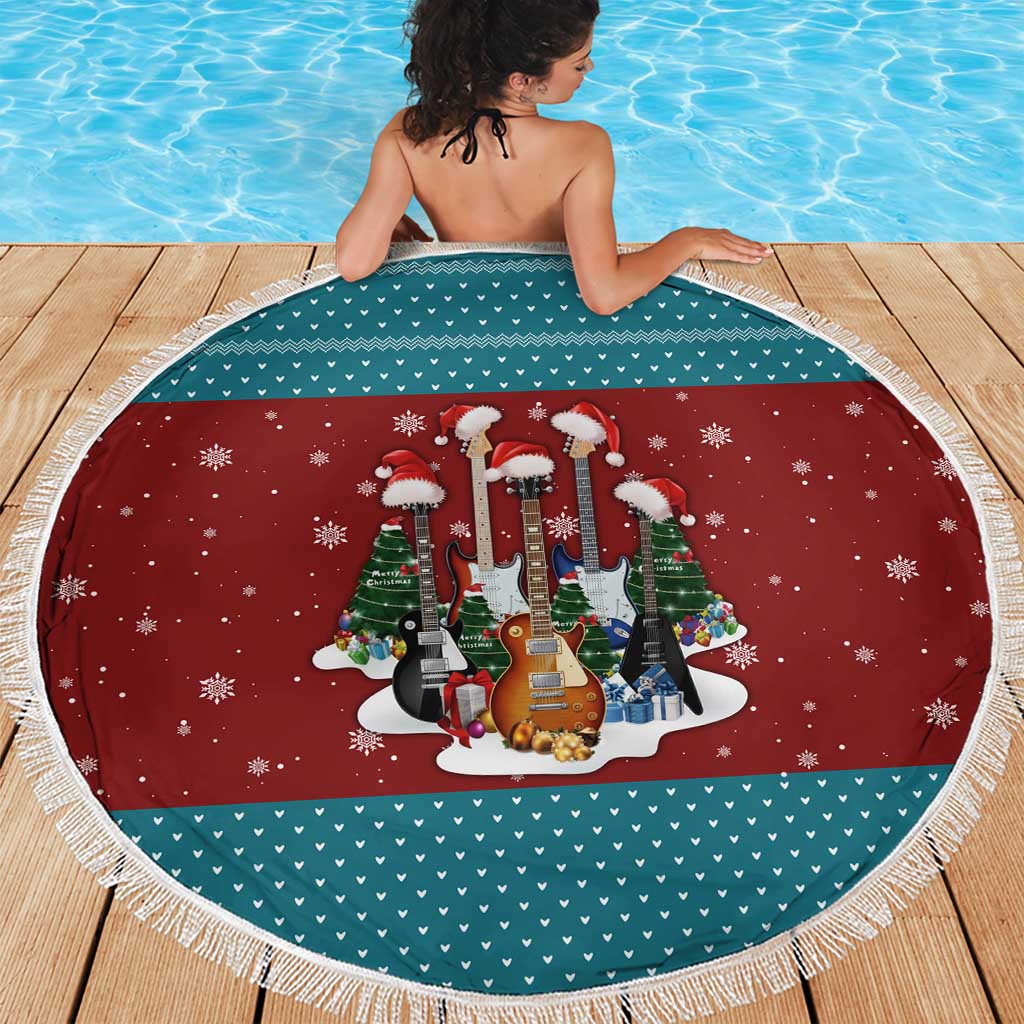 Christmas Guitar Beach Blanket with Santa Hats Trees Snowflakes and Musical Pattern - Wonder Print Shop