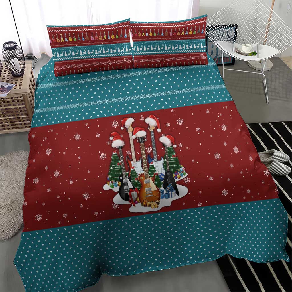 Christmas Guitar Bedding Set with Santa Hats Trees Snowflakes and Musical Pattern - Wonder Print Shop
