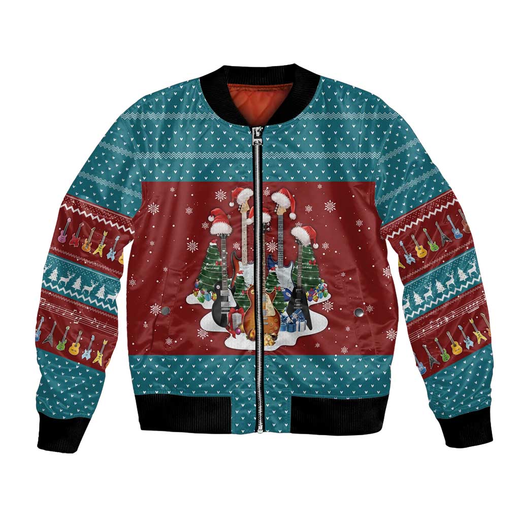 Christmas Guitar Bomber Jacket with Santa Hats Trees Snowflakes and Musical Pattern - Wonder Print Shop