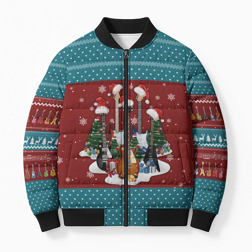 Christmas Guitar Bomber Puffer Jacket with Santa Hats Trees Snowflakes and Musical Pattern - Wonder Print Shop