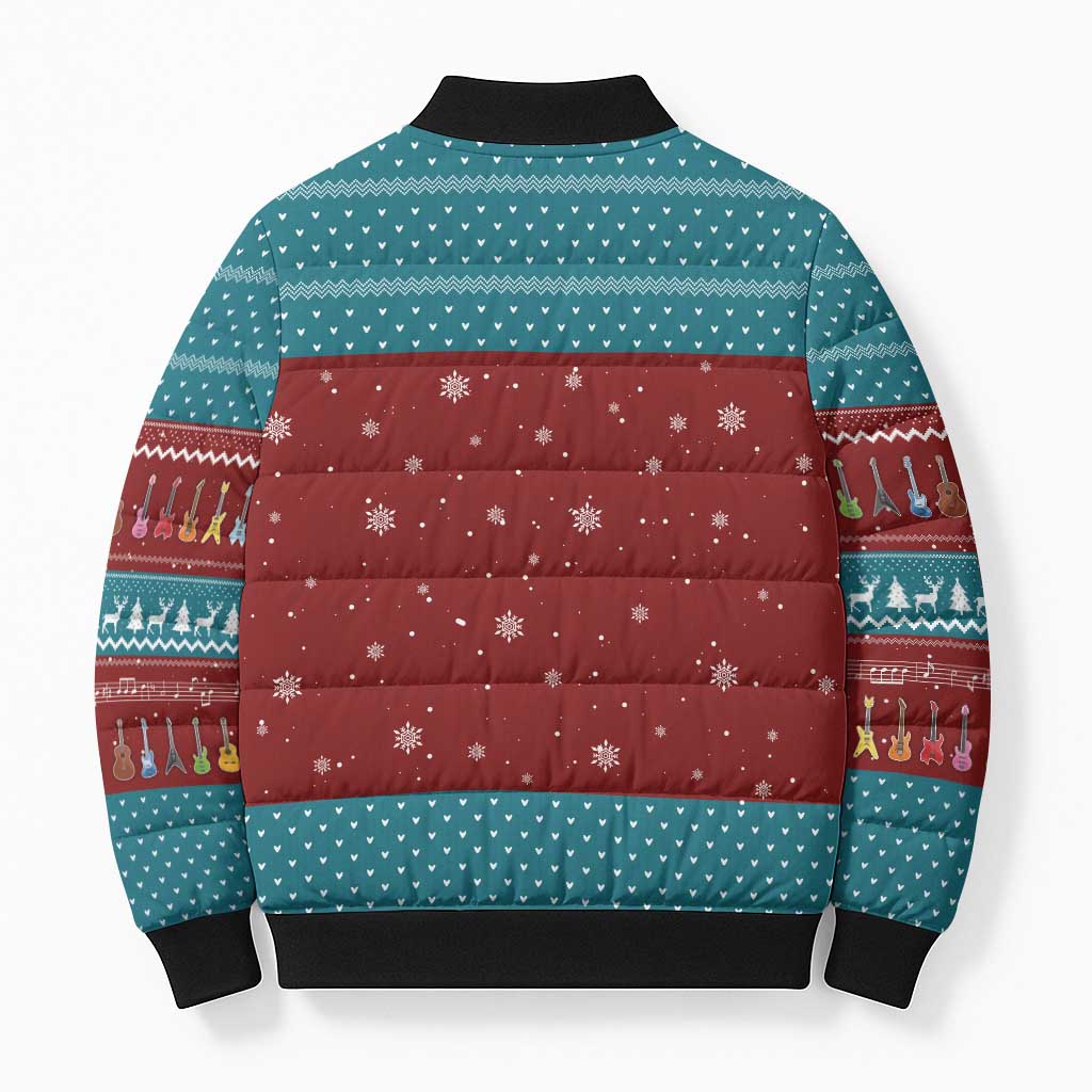 Christmas Guitar Bomber Puffer Jacket with Santa Hats Trees Snowflakes and Musical Pattern - Wonder Print Shop