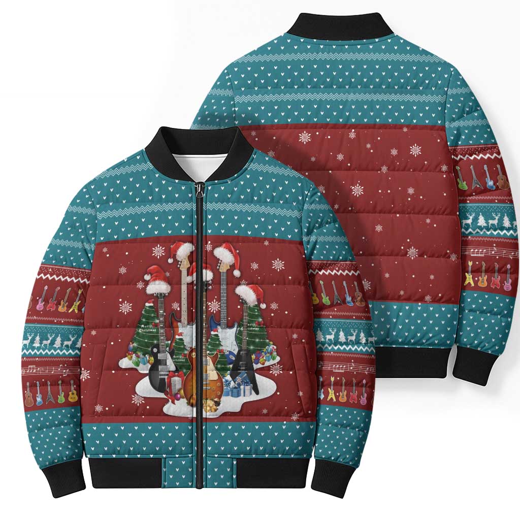 Christmas Guitar Bomber Puffer Jacket with Santa Hats Trees Snowflakes and Musical Pattern - Wonder Print Shop