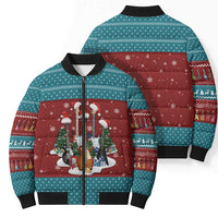 Christmas Guitar Bomber Puffer Jacket with Santa Hats Trees Snowflakes and Musical Pattern - Wonder Print Shop