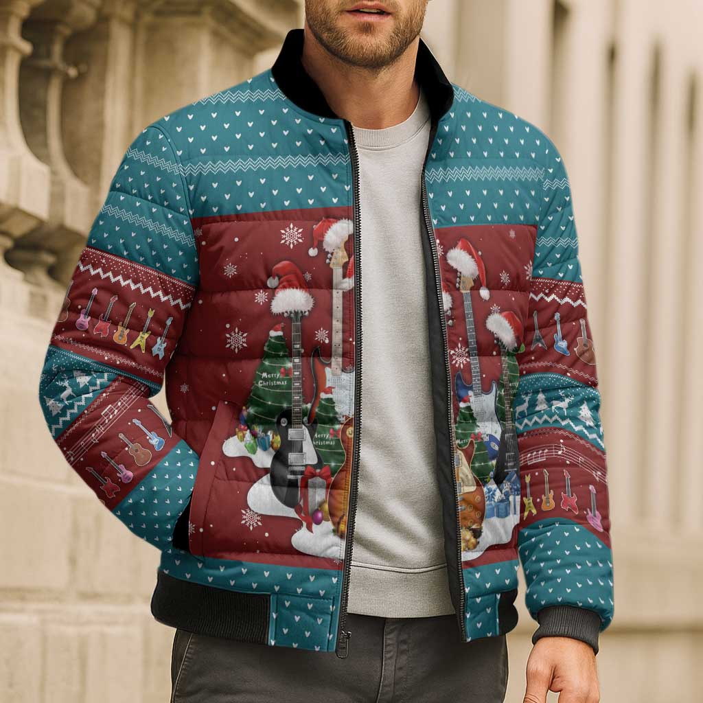 Christmas Guitar Bomber Puffer Jacket with Santa Hats Trees Snowflakes and Musical Pattern - Wonder Print Shop