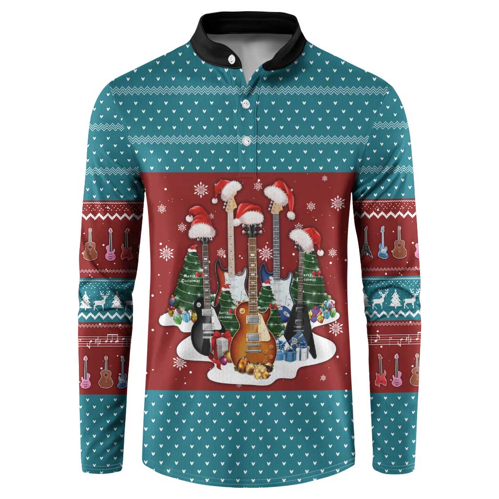 Christmas Guitar Button Sweatshirt with Santa Hats Trees Snowflakes and Musical Pattern - Wonder Print Shop