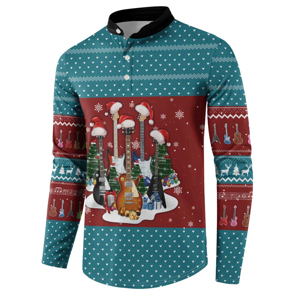 Christmas Guitar Button Sweatshirt with Santa Hats Trees Snowflakes and Musical Pattern - Wonder Print Shop