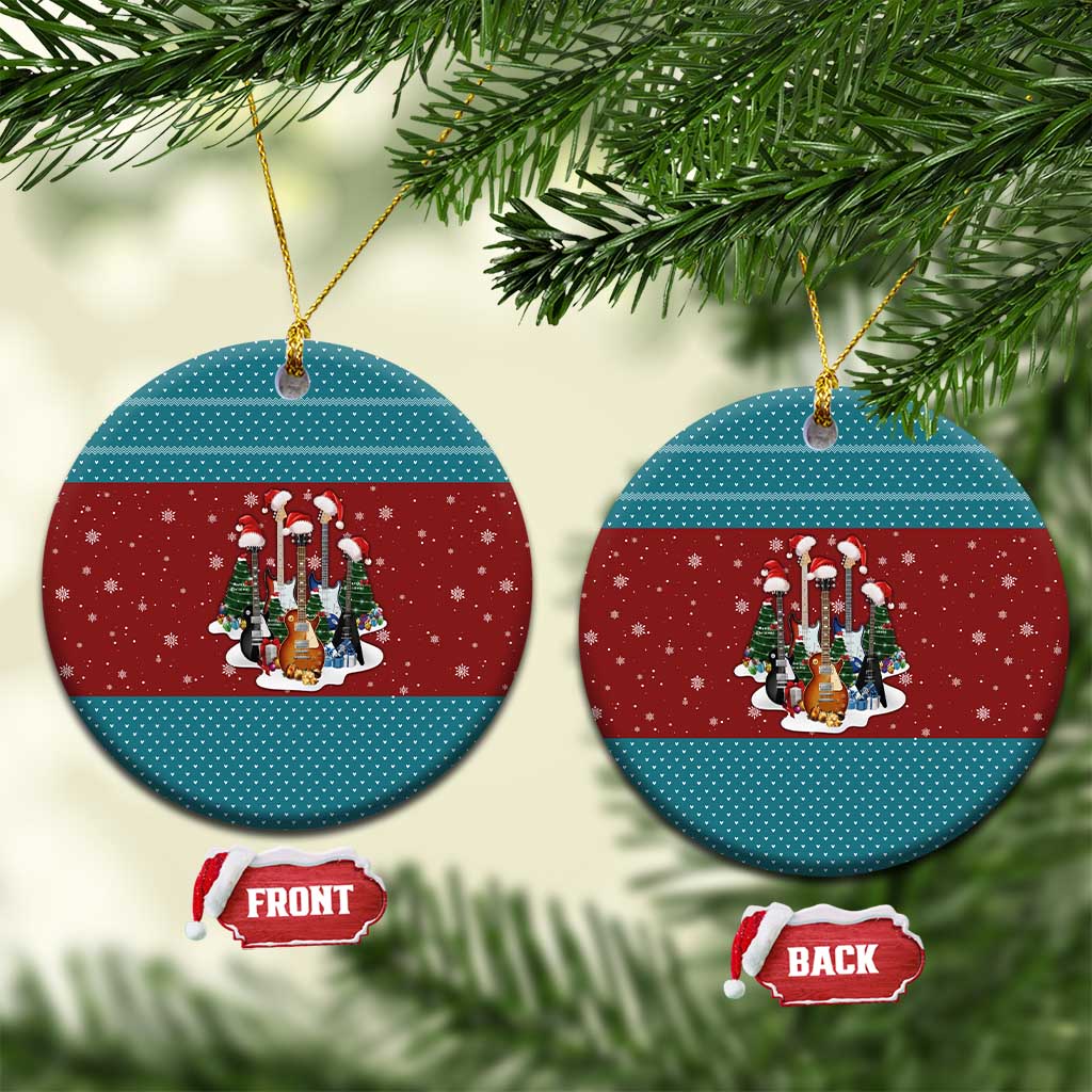 Christmas Guitar Ceramic Ornament with Santa Hats Trees Snowflakes and Musical Pattern - Wonder Print Shop
