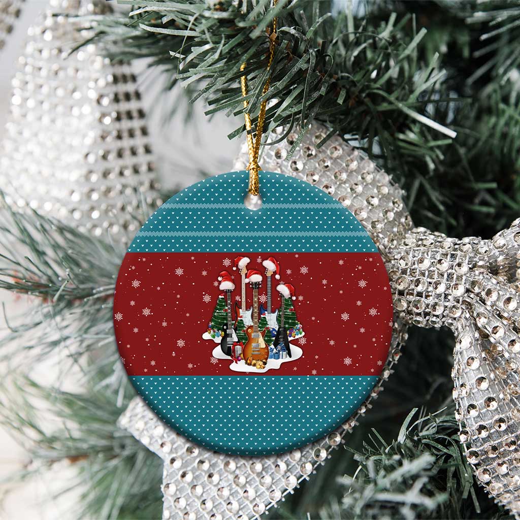 Christmas Guitar Ceramic Ornament with Santa Hats Trees Snowflakes and Musical Pattern - Wonder Print Shop