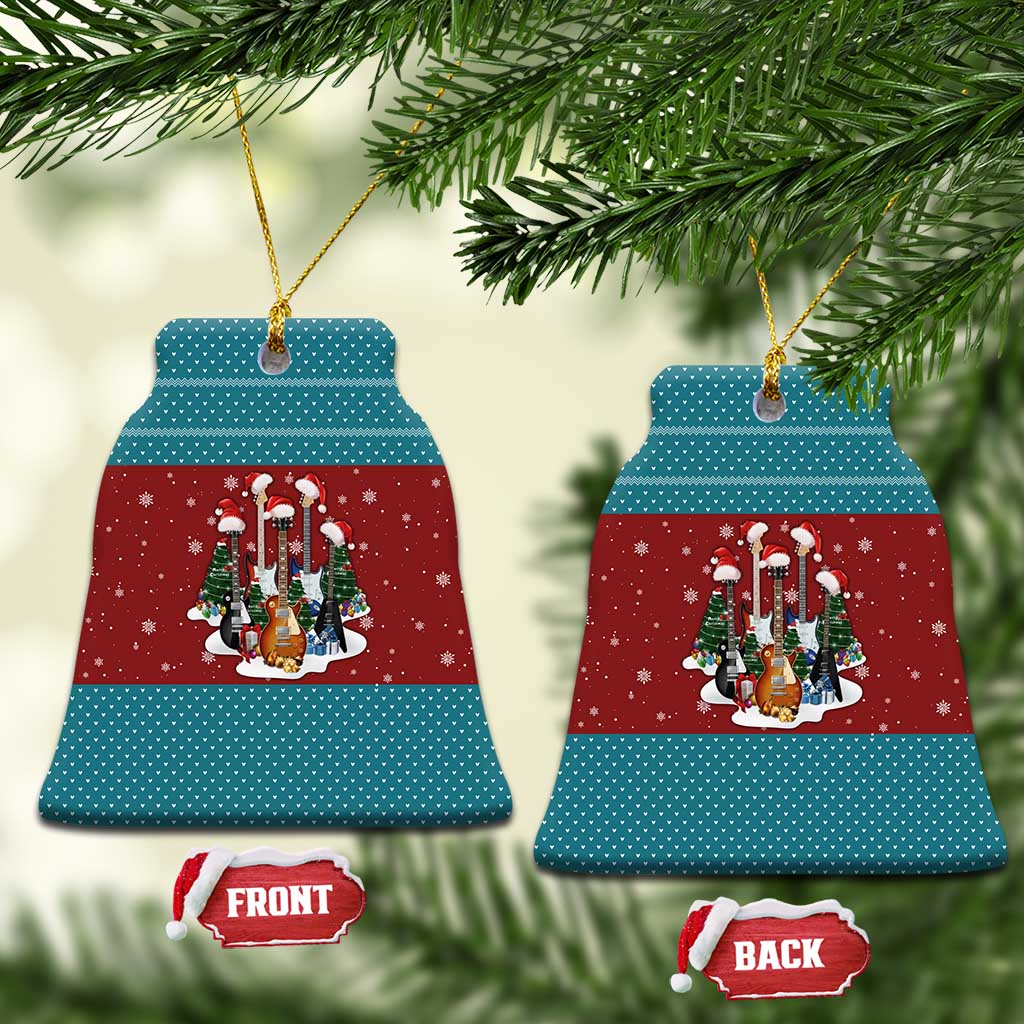 Christmas Guitar Ceramic Ornament with Santa Hats Trees Snowflakes and Musical Pattern - Wonder Print Shop