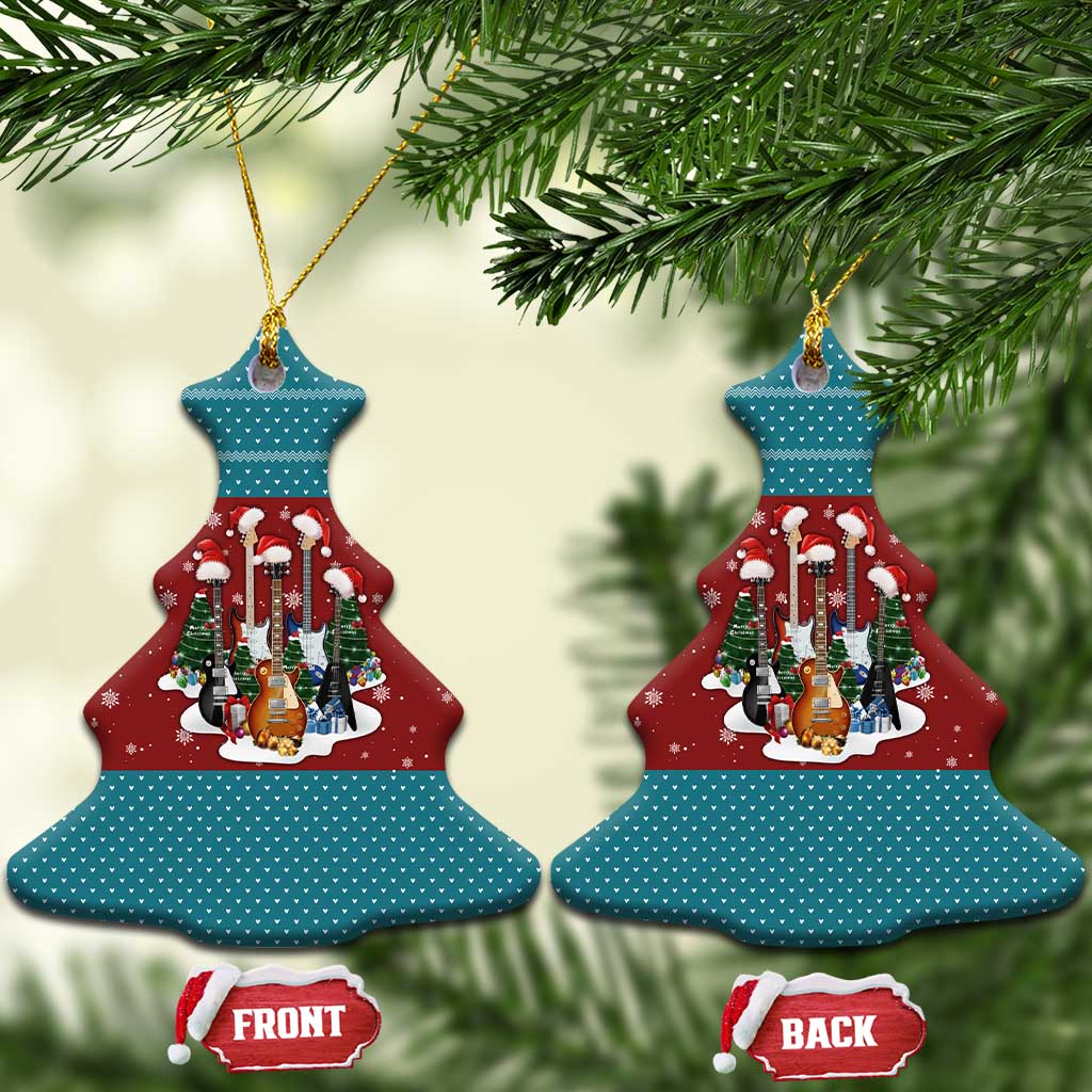 Christmas Guitar Ceramic Ornament with Santa Hats Trees Snowflakes and Musical Pattern - Wonder Print Shop