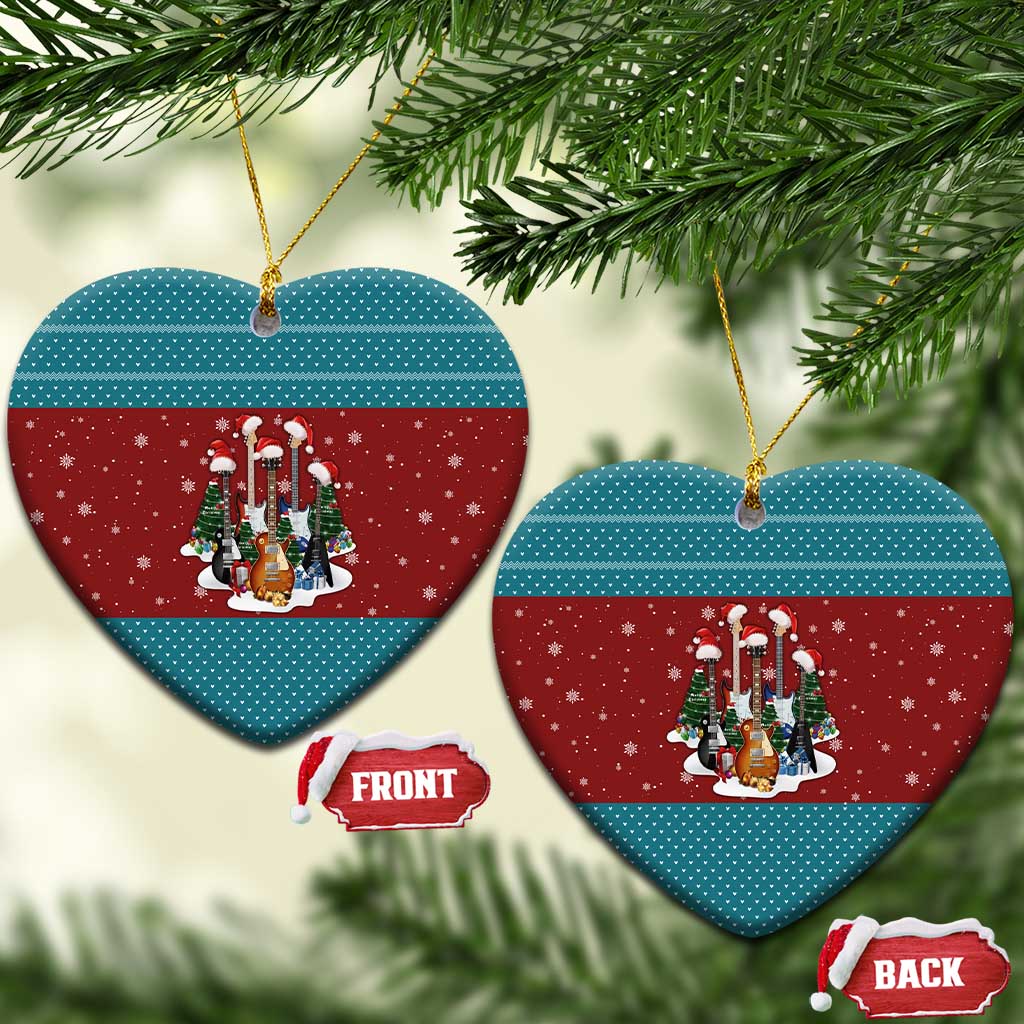 Christmas Guitar Ceramic Ornament with Santa Hats Trees Snowflakes and Musical Pattern - Wonder Print Shop