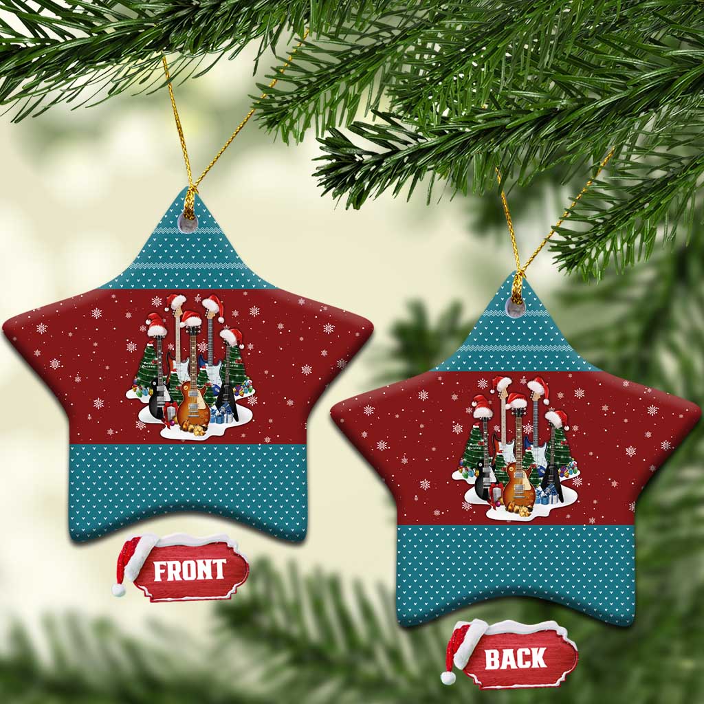 Christmas Guitar Ceramic Ornament with Santa Hats Trees Snowflakes and Musical Pattern - Wonder Print Shop