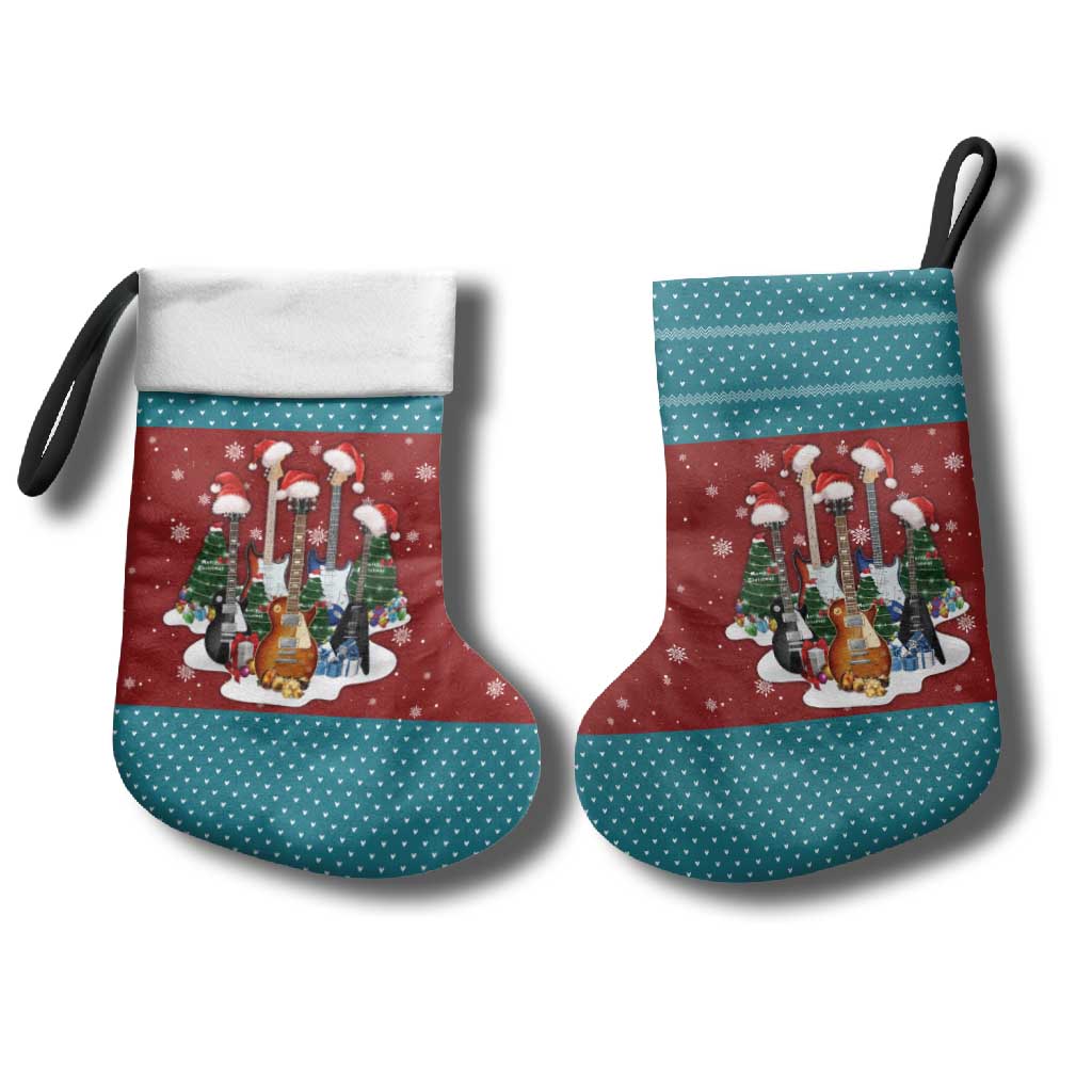 Christmas Guitar Christmas Stocking with Santa Hats Trees Snowflakes and Musical Pattern - Wonder Print Shop
