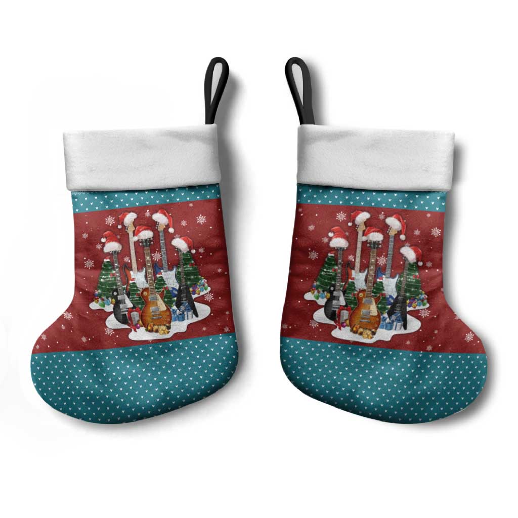 Christmas Guitar Christmas Stocking with Santa Hats Trees Snowflakes and Musical Pattern - Wonder Print Shop