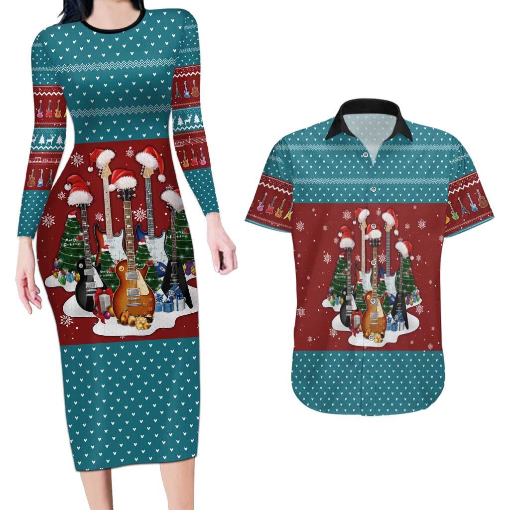 Christmas Guitar Couples Matching Long Sleeve Bodycon Dress and Hawaiian Shirt with Santa Hats Trees Snowflakes and Musical Pattern - Wonder Print Shop