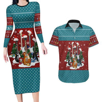 Christmas Guitar Couples Matching Long Sleeve Bodycon Dress and Hawaiian Shirt with Santa Hats Trees Snowflakes and Musical Pattern - Wonder Print Shop