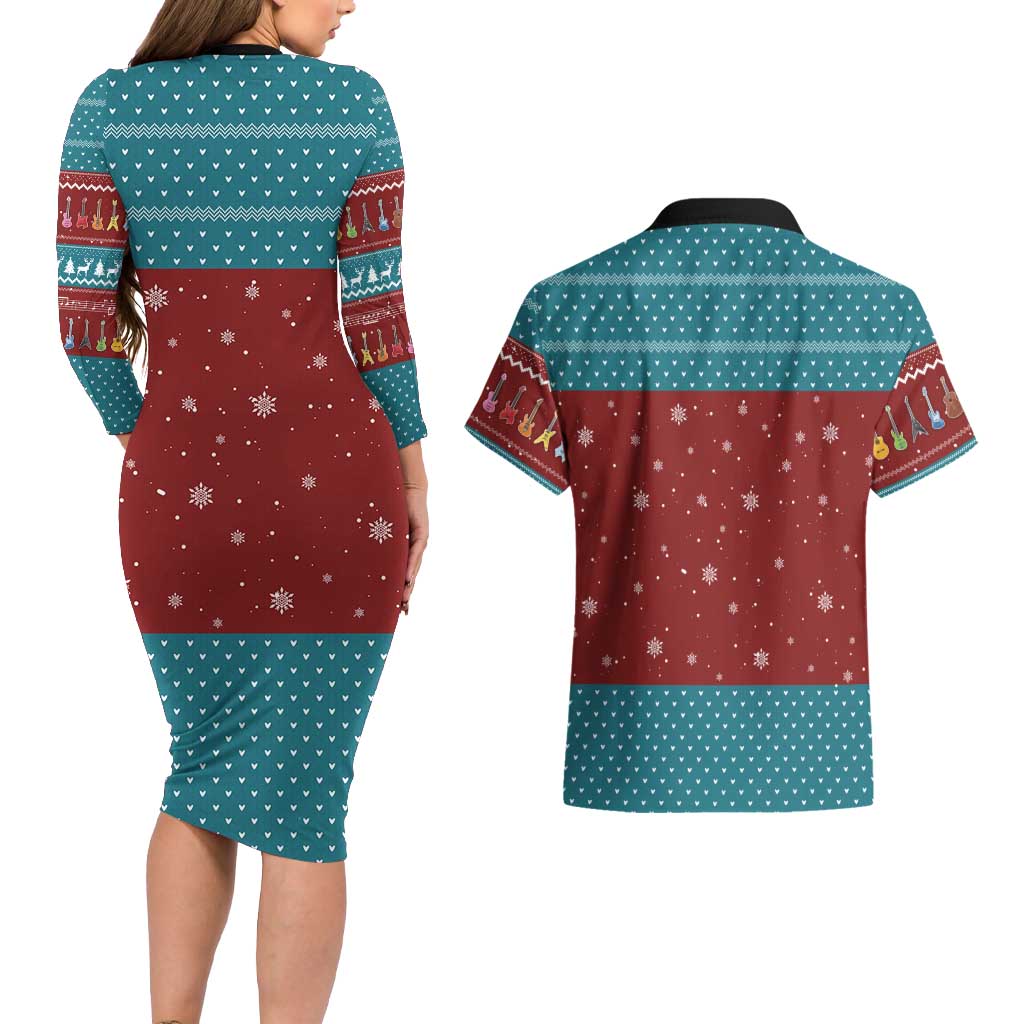 Christmas Guitar Couples Matching Long Sleeve Bodycon Dress and Hawaiian Shirt with Santa Hats Trees Snowflakes and Musical Pattern - Wonder Print Shop