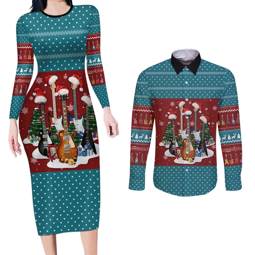 Christmas Guitar Couples Matching Long Sleeve Bodycon Dress and Long Sleeve Button Shirt with Santa Hats Trees Snowflakes and Musical Pattern - Wonder Print Shop