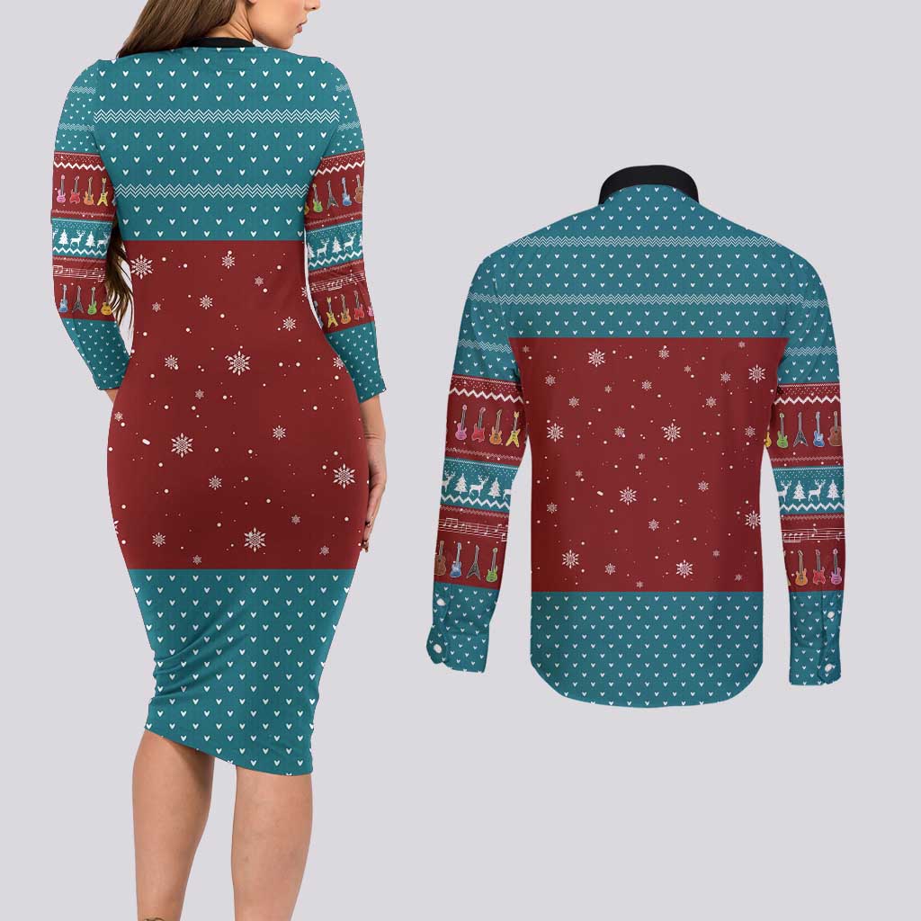 Christmas Guitar Couples Matching Long Sleeve Bodycon Dress and Long Sleeve Button Shirt with Santa Hats Trees Snowflakes and Musical Pattern - Wonder Print Shop