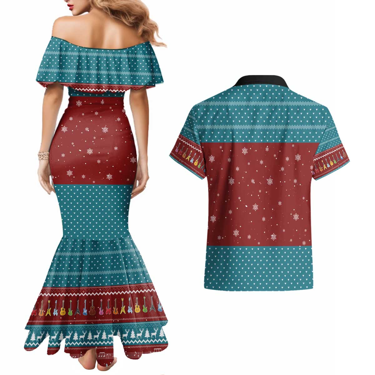 Christmas Guitar Couples Matching Mermaid Dress and Hawaiian Shirt with Santa Hats Trees Snowflakes and Musical Pattern - Wonder Print Shop