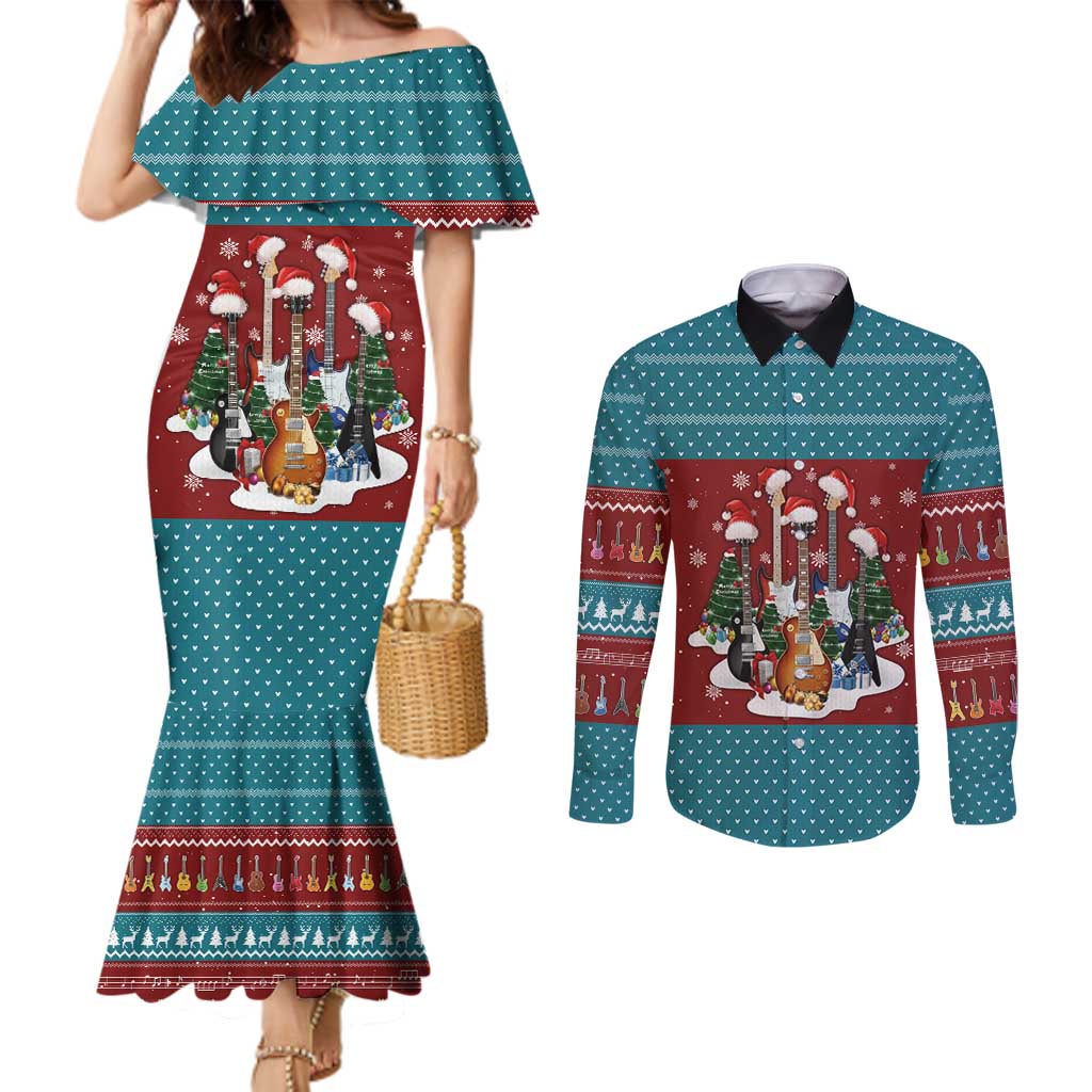 Christmas Guitar Couples Matching Mermaid Dress and Long Sleeve Button Shirt with Santa Hats Trees Snowflakes and Musical Pattern - Wonder Print Shop