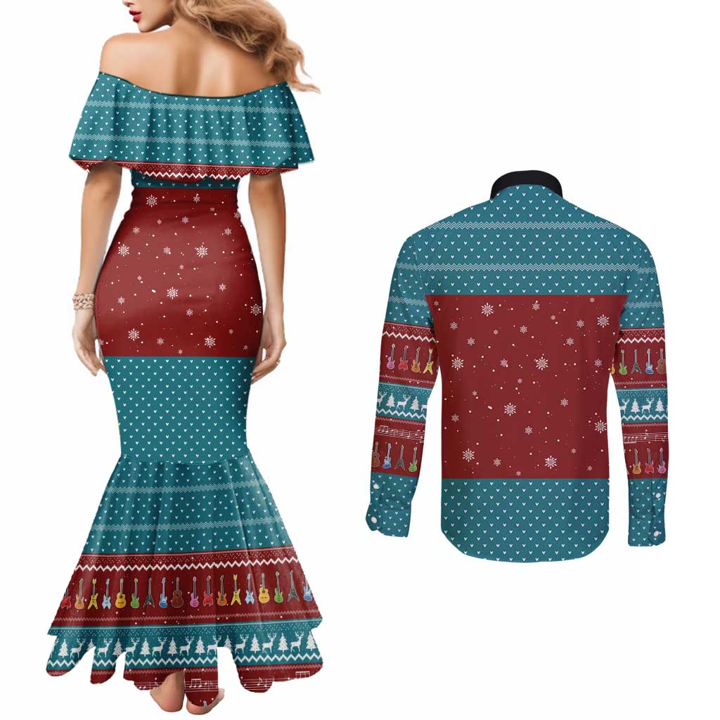 Christmas Guitar Couples Matching Mermaid Dress and Long Sleeve Button Shirt with Santa Hats Trees Snowflakes and Musical Pattern - Wonder Print Shop