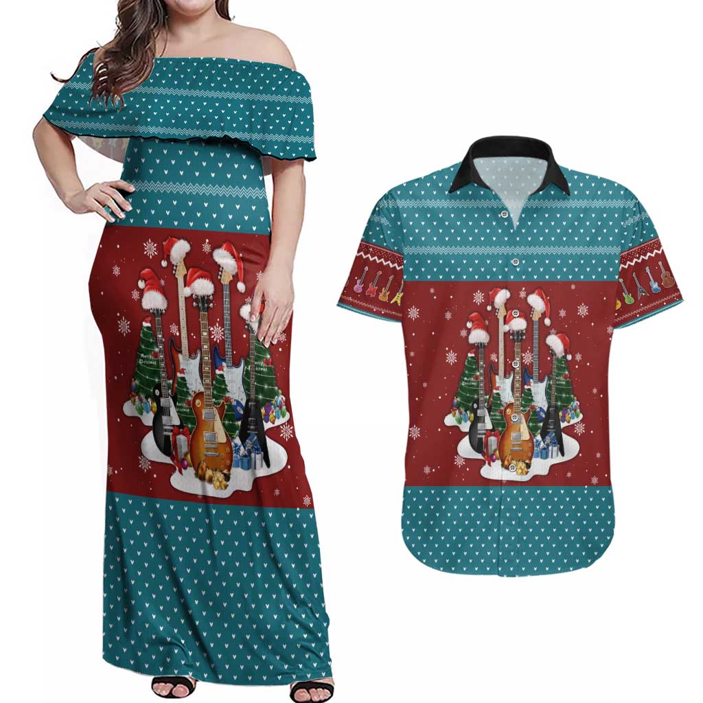Christmas Guitar Couples Matching Off Shoulder Maxi Dress and Hawaiian Shirt with Santa Hats Trees Snowflakes and Musical Pattern - Wonder Print Shop