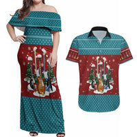 Christmas Guitar Couples Matching Off Shoulder Maxi Dress and Hawaiian Shirt with Santa Hats Trees Snowflakes and Musical Pattern - Wonder Print Shop