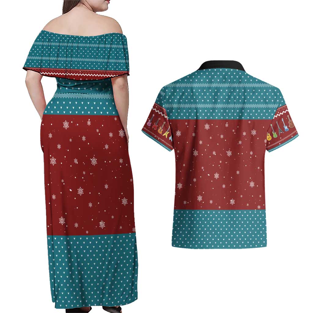 Christmas Guitar Couples Matching Off Shoulder Maxi Dress and Hawaiian Shirt with Santa Hats Trees Snowflakes and Musical Pattern - Wonder Print Shop