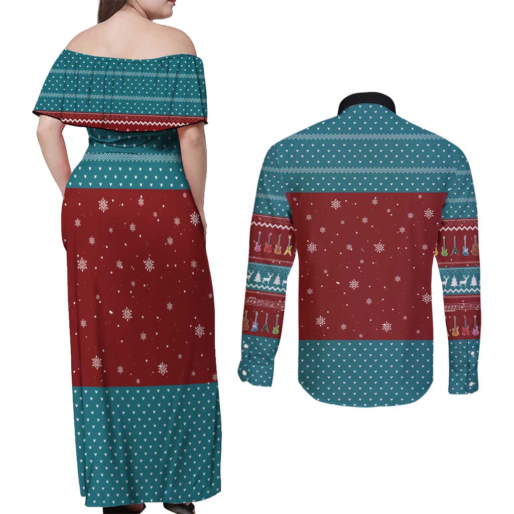 Christmas Guitar Couples Matching Off Shoulder Maxi Dress and Long Sleeve Button Shirt with Santa Hats Trees Snowflakes and Musical Pattern - Wonder Print Shop