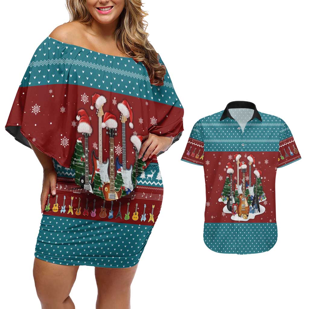 Christmas Guitar Couples Matching Off Shoulder Short Dress and Hawaiian Shirt with Santa Hats Trees Snowflakes and Musical Pattern - Wonder Print Shop
