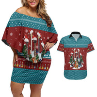 Christmas Guitar Couples Matching Off Shoulder Short Dress and Hawaiian Shirt with Santa Hats Trees Snowflakes and Musical Pattern - Wonder Print Shop