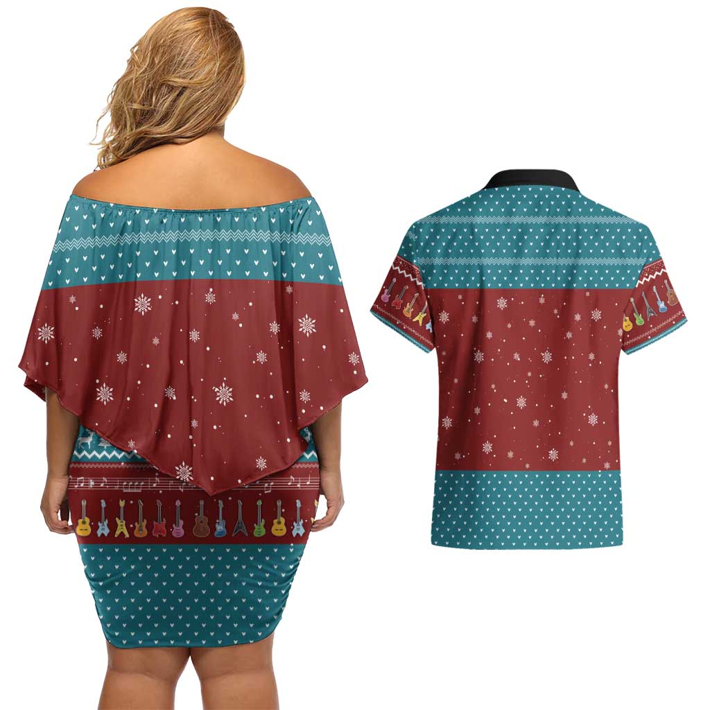 Christmas Guitar Couples Matching Off Shoulder Short Dress and Hawaiian Shirt with Santa Hats Trees Snowflakes and Musical Pattern - Wonder Print Shop
