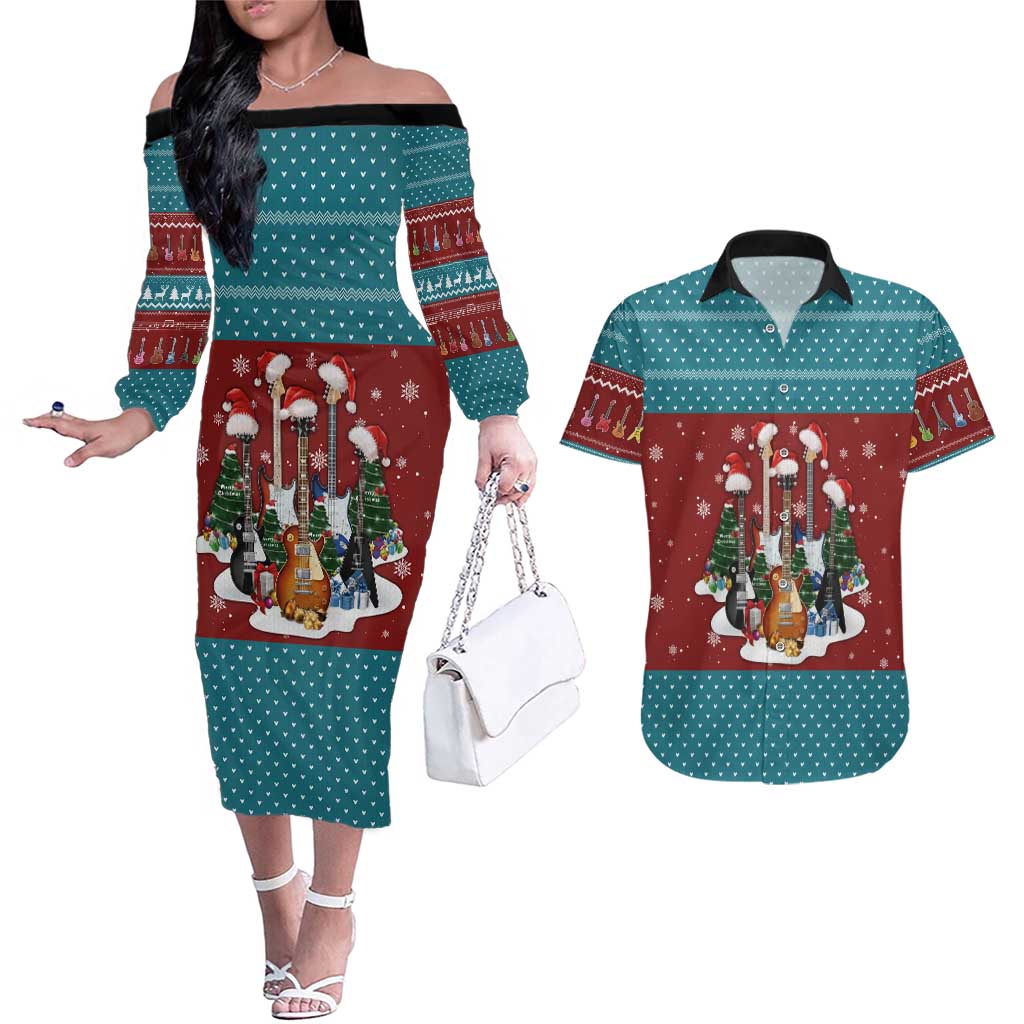 Christmas Guitar Couples Matching Off The Shoulder Long Sleeve Dress and Hawaiian Shirt with Santa Hats Trees Snowflakes and Musical Pattern - Wonder Print Shop
