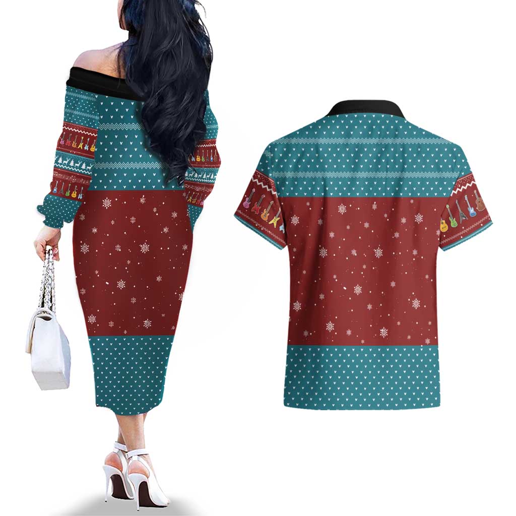 Christmas Guitar Couples Matching Off The Shoulder Long Sleeve Dress and Hawaiian Shirt with Santa Hats Trees Snowflakes and Musical Pattern - Wonder Print Shop