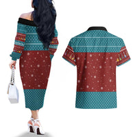 Christmas Guitar Couples Matching Off The Shoulder Long Sleeve Dress and Hawaiian Shirt with Santa Hats Trees Snowflakes and Musical Pattern - Wonder Print Shop