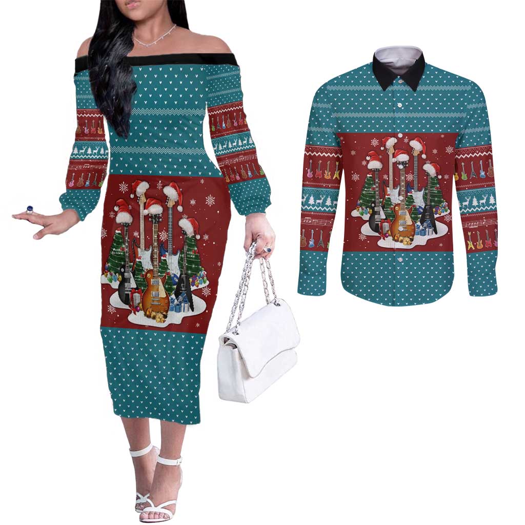 Christmas Guitar Couples Matching Off The Shoulder Long Sleeve Dress and Long Sleeve Button Shirt with Santa Hats Trees Snowflakes and Musical Pattern - Wonder Print Shop