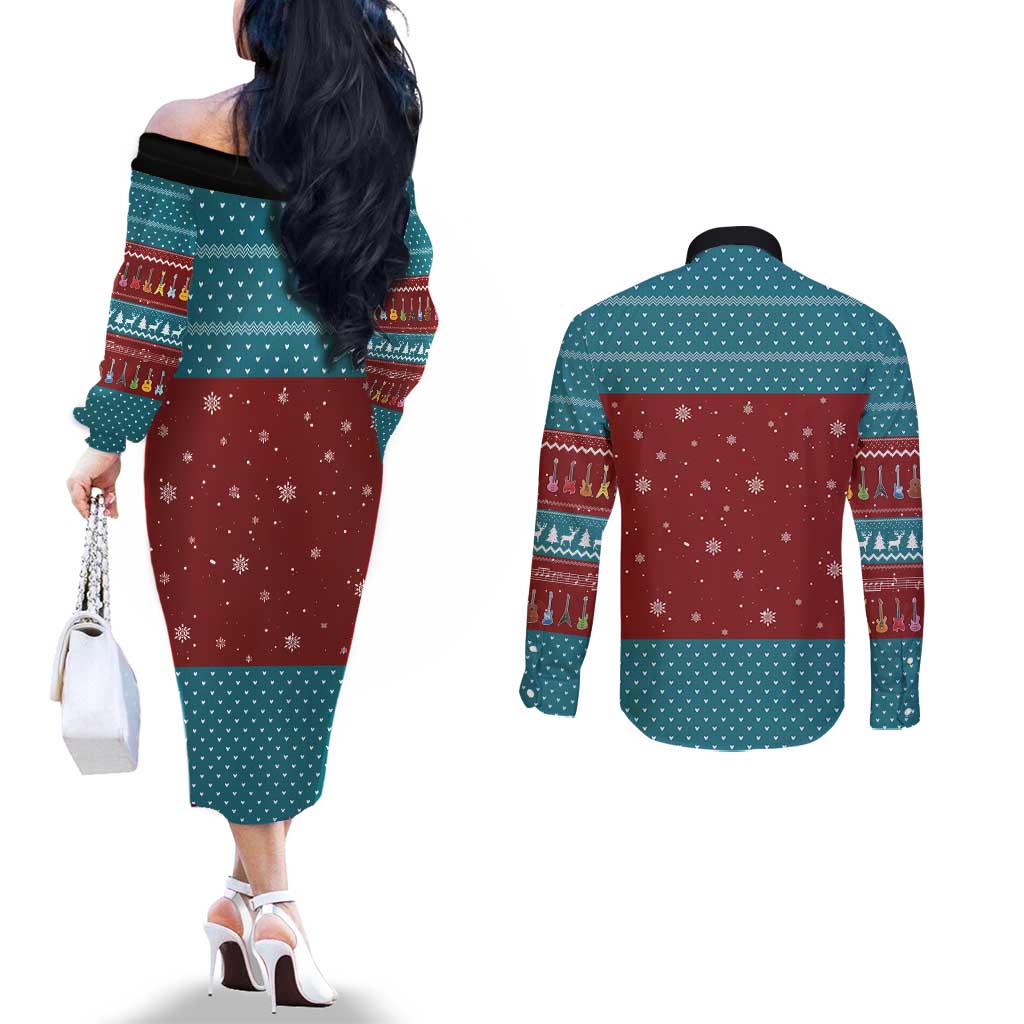 Christmas Guitar Couples Matching Off The Shoulder Long Sleeve Dress and Long Sleeve Button Shirt with Santa Hats Trees Snowflakes and Musical Pattern - Wonder Print Shop