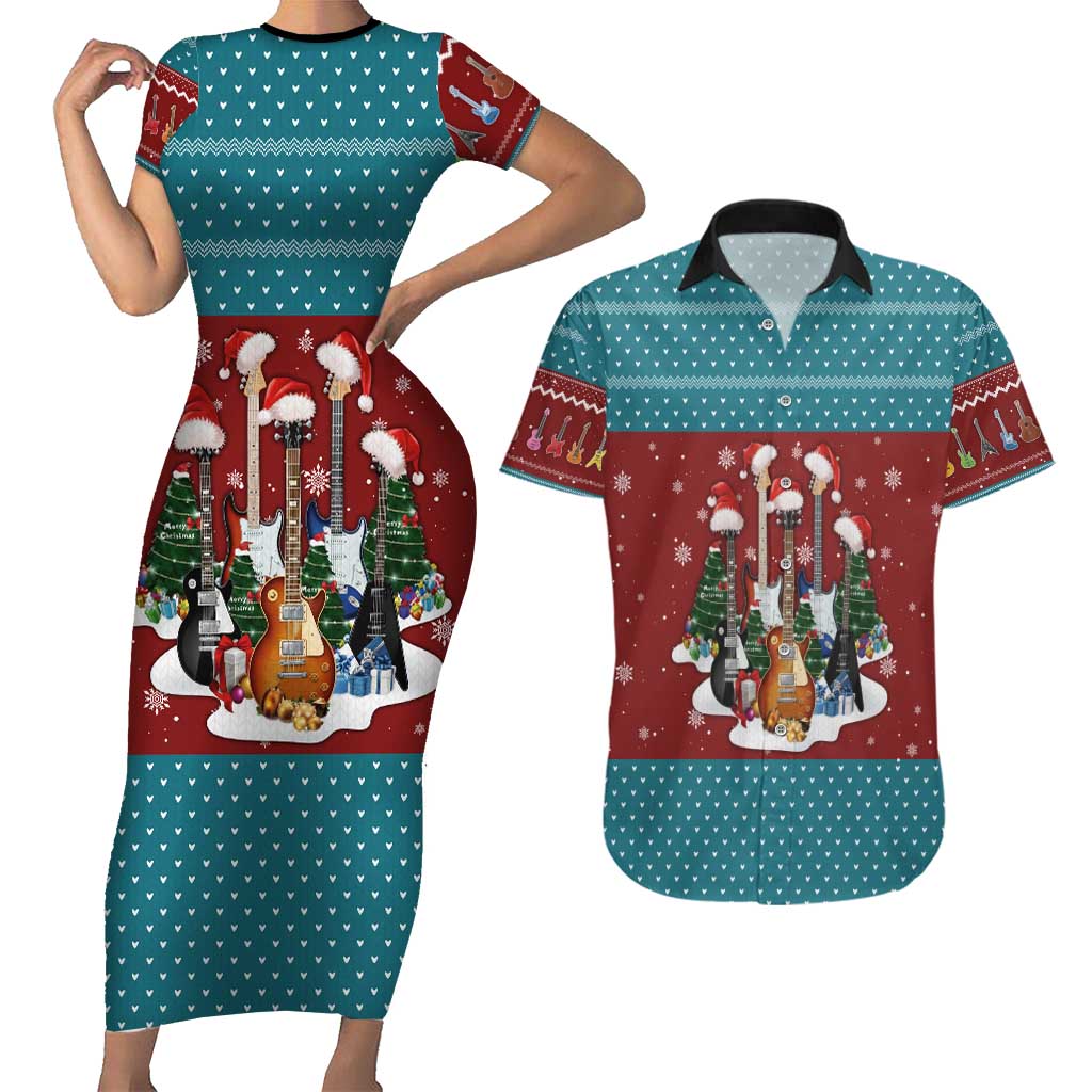 Christmas Guitar Couples Matching Short Sleeve Bodycon Dress and Hawaiian Shirt with Santa Hats Trees Snowflakes and Musical Pattern - Wonder Print Shop