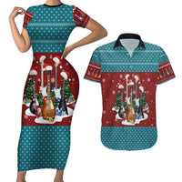 Christmas Guitar Couples Matching Short Sleeve Bodycon Dress and Hawaiian Shirt with Santa Hats Trees Snowflakes and Musical Pattern - Wonder Print Shop