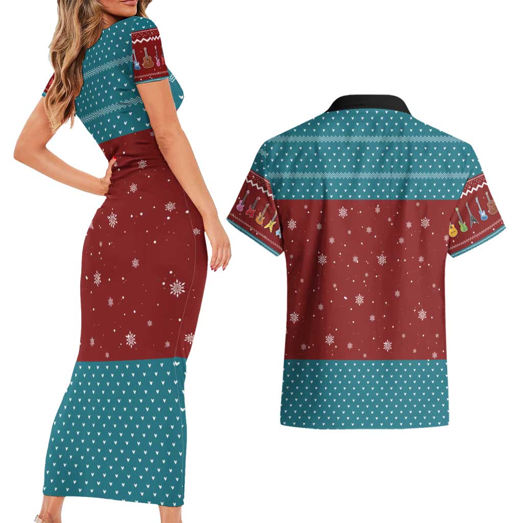 Christmas Guitar Couples Matching Short Sleeve Bodycon Dress and Hawaiian Shirt with Santa Hats Trees Snowflakes and Musical Pattern - Wonder Print Shop