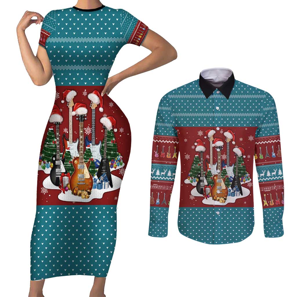 Christmas Guitar Couples Matching Short Sleeve Bodycon Dress and Long Sleeve Button Shirt with Santa Hats Trees Snowflakes and Musical Pattern - Wonder Print Shop