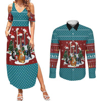 Christmas Guitar Couples Matching Summer Maxi Dress and Long Sleeve Button Shirt with Santa Hats Trees Snowflakes and Musical Pattern - Wonder Print Shop