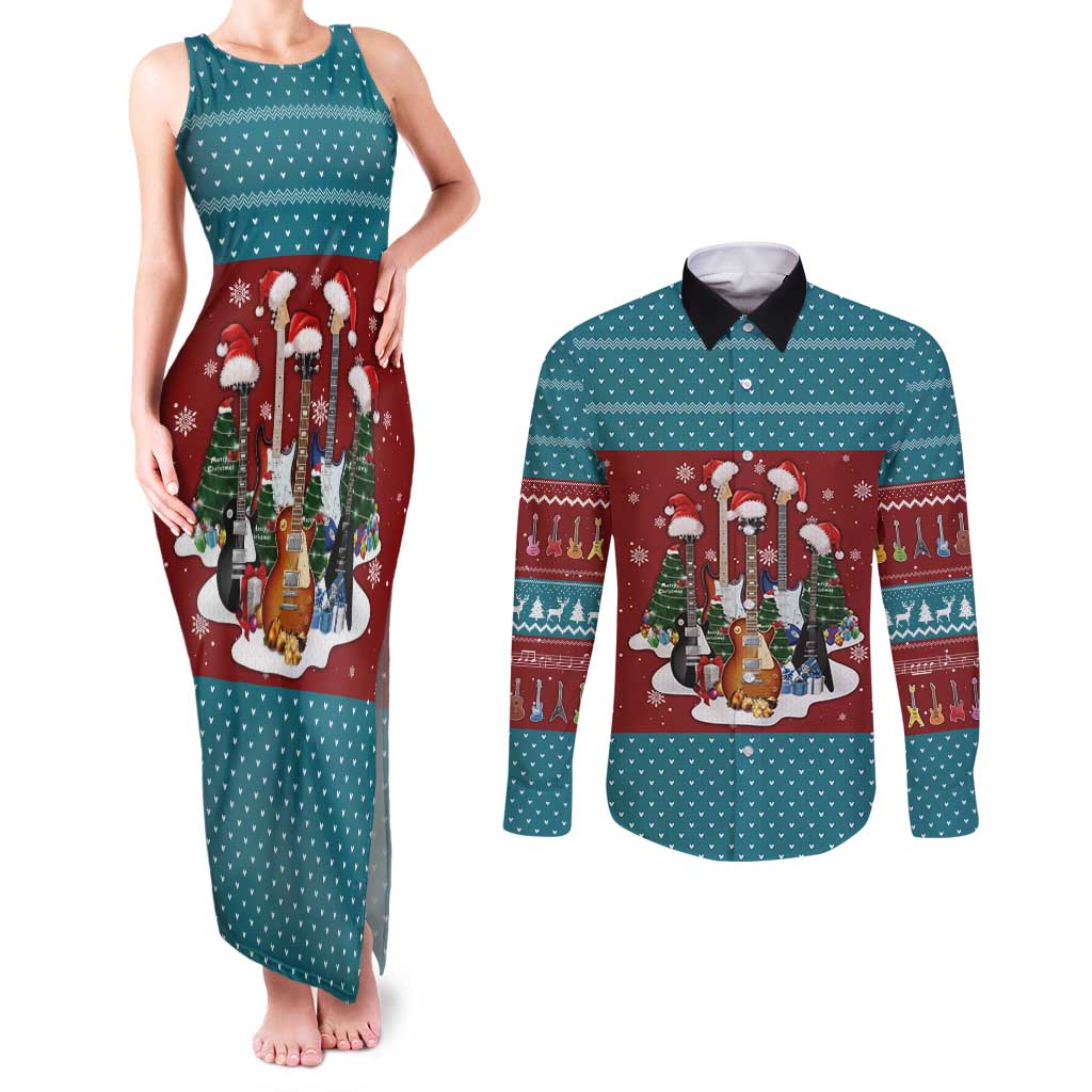 Christmas Guitar Couples Matching Tank Maxi Dress and Long Sleeve Button Shirt with Santa Hats Trees Snowflakes and Musical Pattern - Wonder Print Shop