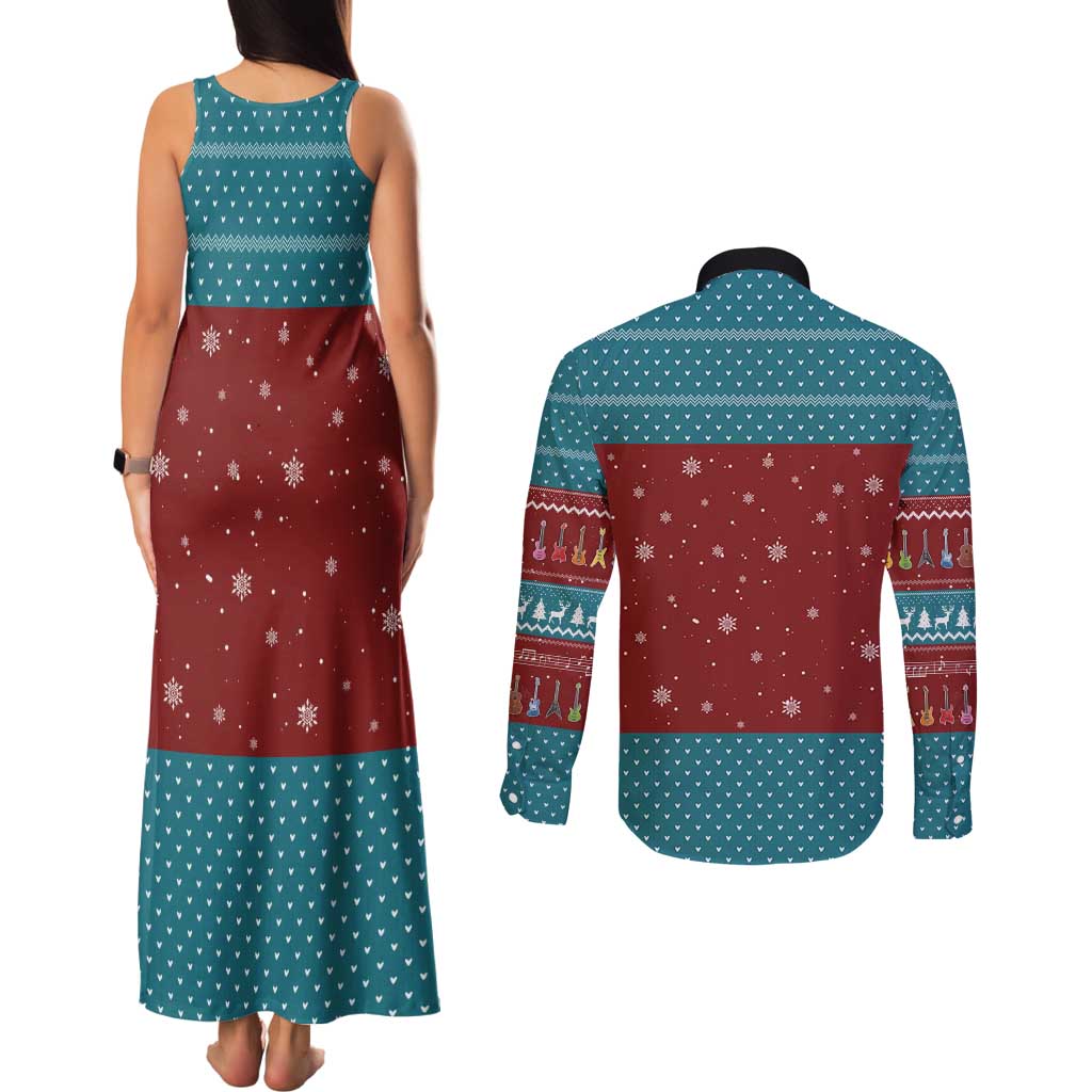 Christmas Guitar Couples Matching Tank Maxi Dress and Long Sleeve Button Shirt with Santa Hats Trees Snowflakes and Musical Pattern - Wonder Print Shop
