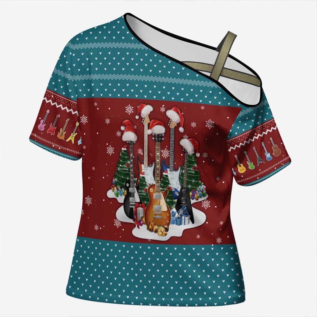 Christmas Guitar Cross Shoulder Shirt with Santa Hats Trees Snowflakes and Musical Pattern - Wonder Print Shop