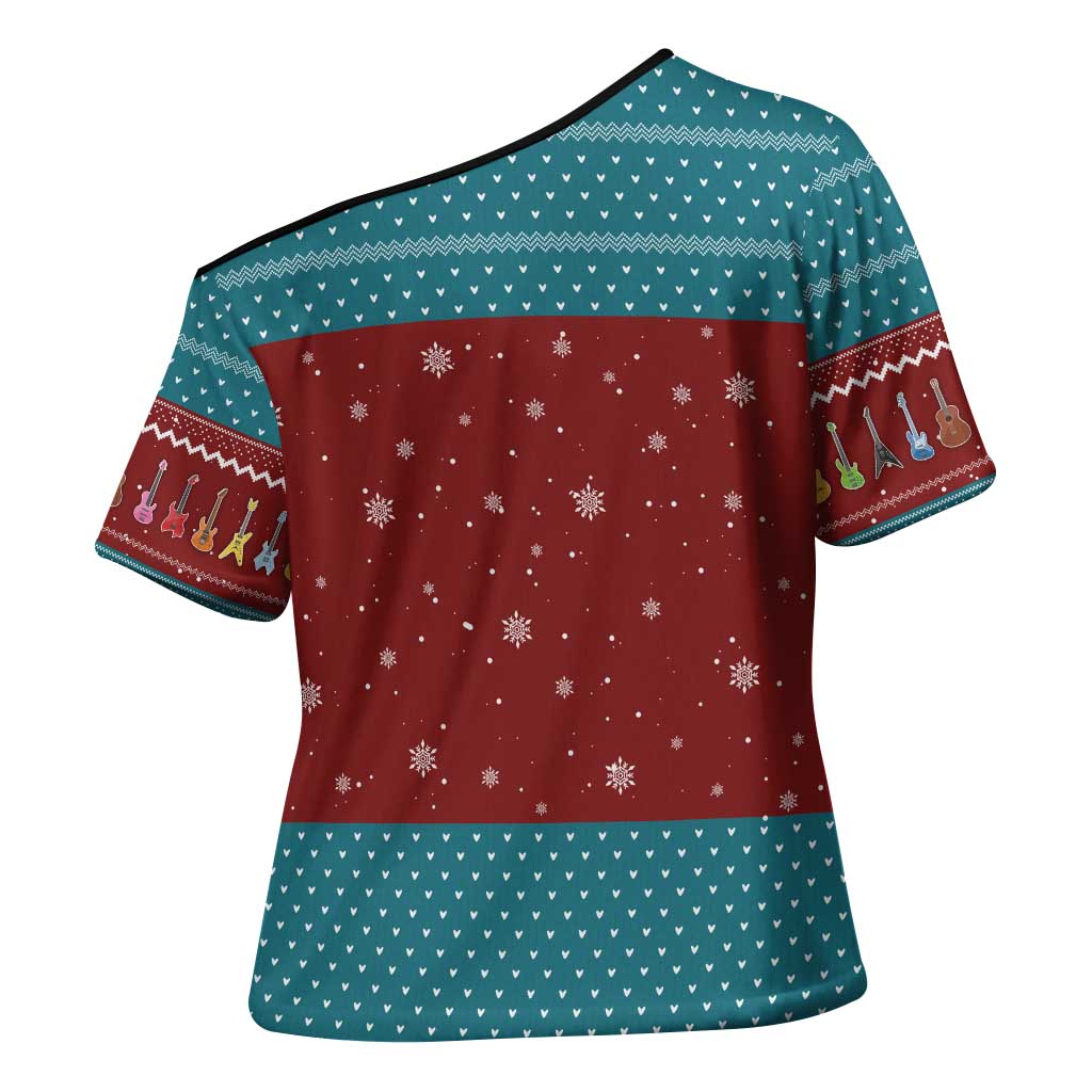 Christmas Guitar Cross Shoulder Shirt with Santa Hats Trees Snowflakes and Musical Pattern - Wonder Print Shop