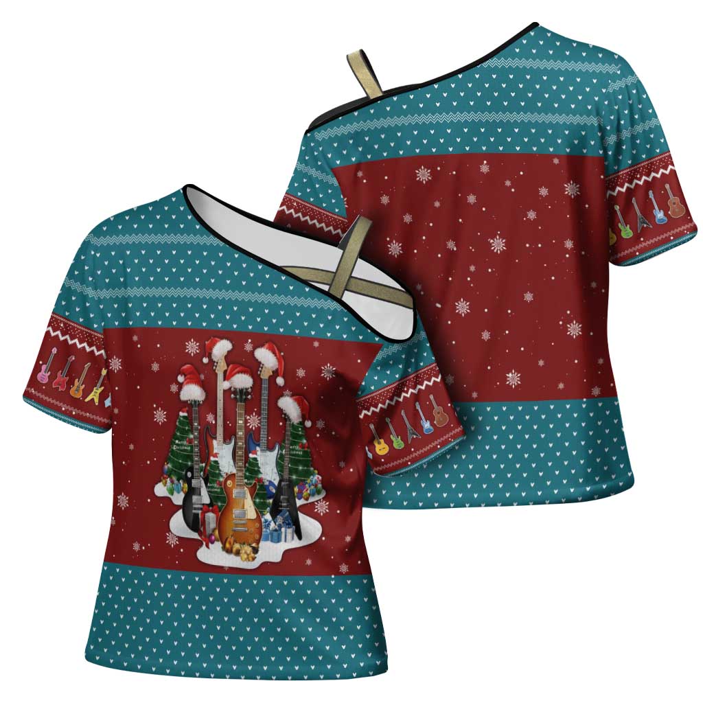 Christmas Guitar Cross Shoulder Shirt with Santa Hats Trees Snowflakes and Musical Pattern - Wonder Print Shop